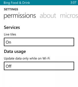 Bing Food & Drink Settings Page